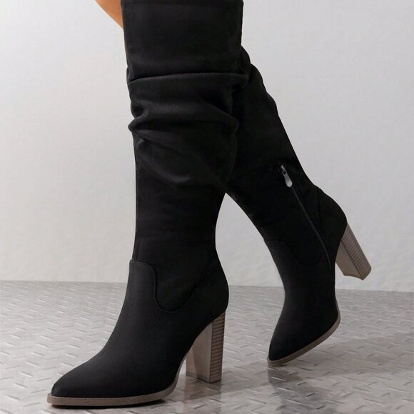 Black Elegant Women's Knee-High Pointed Toe Chunky Block Heel Suede With Side Zi - Picture 3 of 10